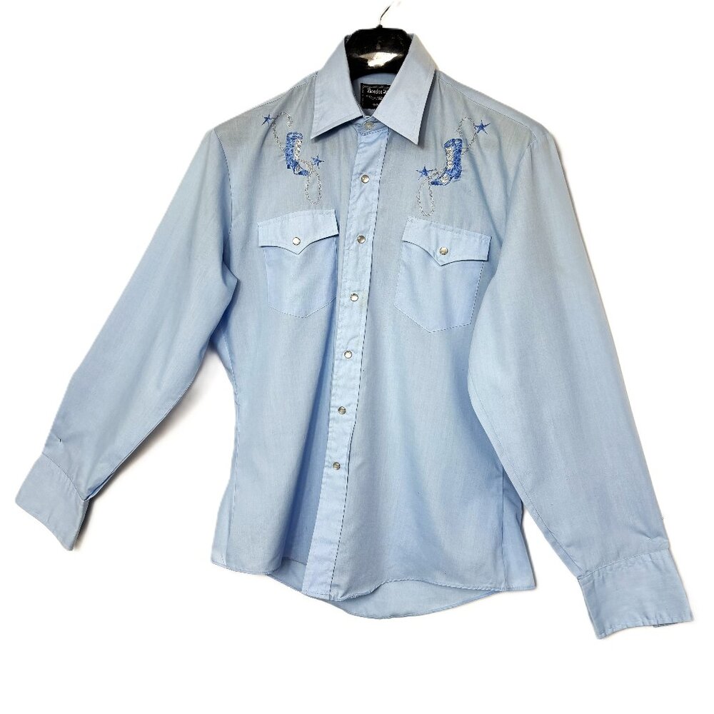VTG 70’s Border Town Western Powder Blue Pearl Snap Cowboy Shirt 15-15 1/2